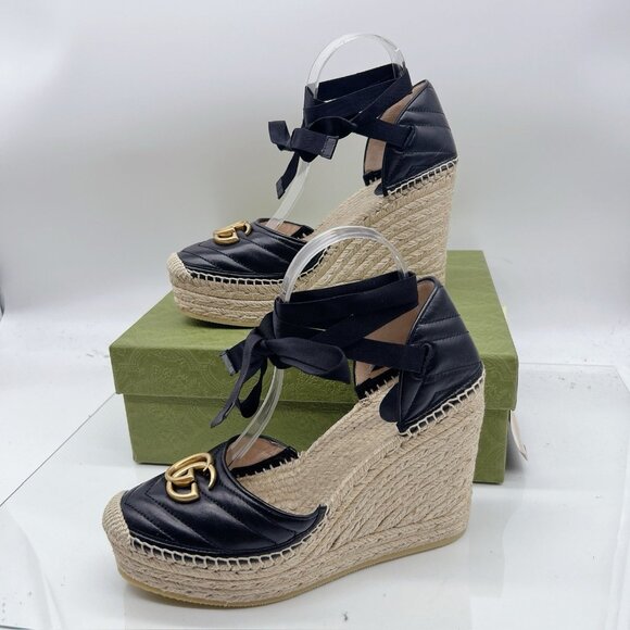 Gucci GG Marmont Platform MATELASSÉ Wedge Heels Espadrille Black Leather EU 40.5 - Picture 4 of 14